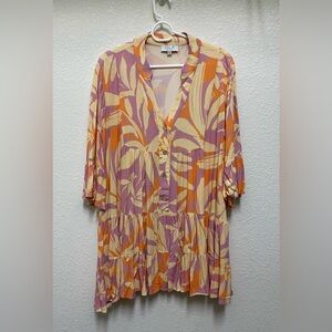 🌺 ISLA Tiered Orange Purple Leaf Button Front 3/4 Sleeves Dress Made in France M